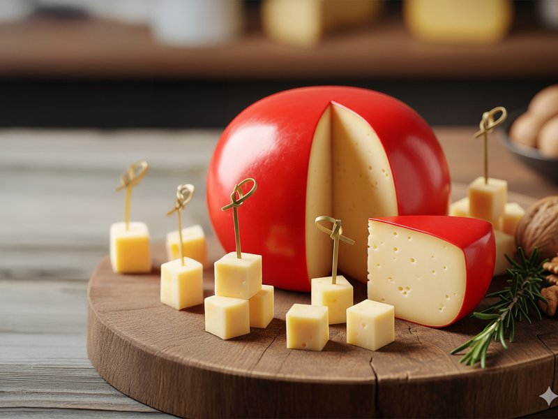 Óle Farms Premium Edam Cheese Ball — red wax, sliced on wooden board