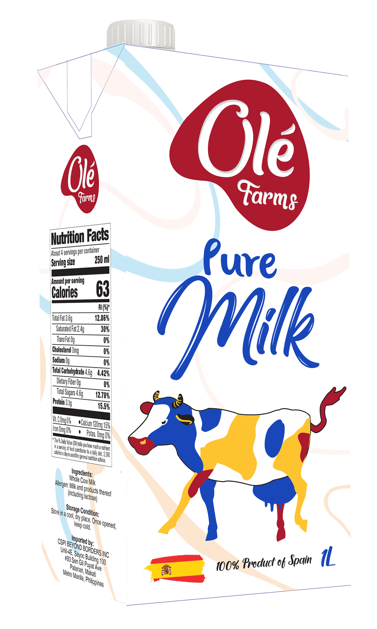 Óle Farms Pure Milk 1L carton — 100% Product of Spain